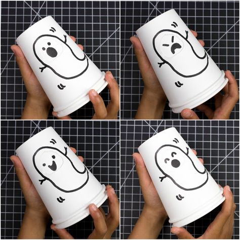 Super Cute Halloween Changing Paper Cup Faces- Such a fun craft for kids showcasing the full range of emotions Paper Cup Crafts, Pumpkin Cups, Monster Craft, White Coffee Cups, Fun Halloween Crafts, Cup Crafts, Cup Art, Pumpkin Faces, Halloween Paper