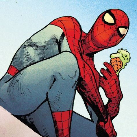 Spiderman Ice Cream, Spiderman Eating, Peter Parker Comic, Spidey Icon, Spider People, An Ice Cream, Amazing Spider, Spider Verse, Comic Books Art