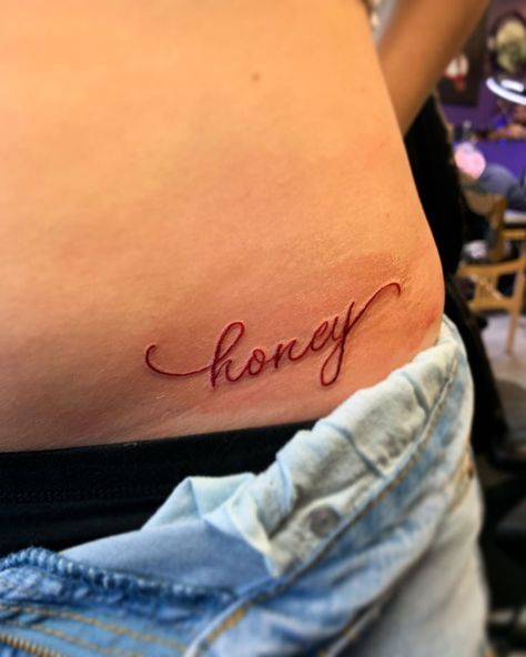 Jay Hernandez on Instagram: “Script piece #honey #redink #tattoo #cursive” Hernandez Tattoo, Honey Name, Tattoo Cursive, Jay Hernandez, Cursive Tattoos, Tattoo Script, Name Tattoo, Red Ink, Cute Tattoos