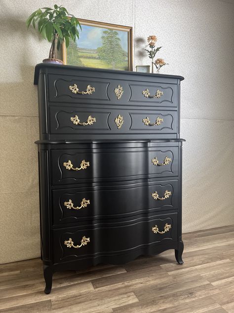 Drawers Refurbished, French Provincial Chest Of Drawers, Black French Provincial, Chest Ideas, Beautiful Dresser, Goth Decor, Diy Furniture Renovation, Furniture Renovation, Bedroom Furniture Dresser