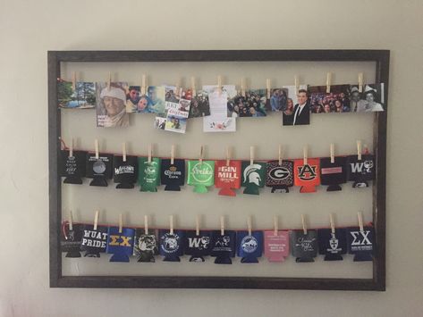 DIY photo and Koozie display #DIY #Koozie #PictureFrame Can Koozie Display Ideas, How To Organize Koozies, Beer Coozie Storage Ideas, Can Coozie Storage, Can Koozie Storage Ideas, Koozie Display Craft Show, Koozie Display Ideas, Koozie Holder Ideas, Coozie Holder Diy