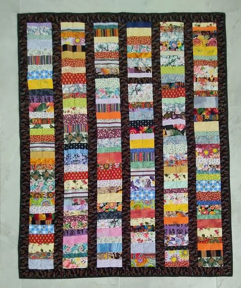 Colorful Modern Strip Quilt Handmade - 54" x 43" - Black Floral Border | eBay Strip Quilt Ideas, Scraps Quilt, Crumb Quilts, Optical Illusion Quilts, Strip Quilt, Crumb Quilt, Two Color Quilts, Jellyroll Quilts, Strip Quilts