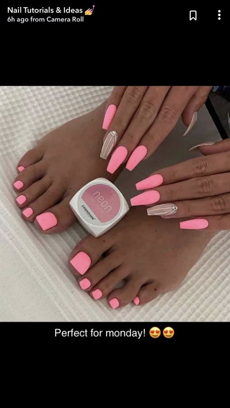 Matte Pink Acrylic Nails, Bright Toe Nails, Neon Coral Nails, Pink Toe Nails, Polish Culture, Bright Pink Nails, Neon Pink Nails, Nail Board, Makeup Nails Designs