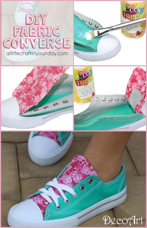 DIY Fabric Accent Sneakers - A Little Craft In Your DayA Little Craft In Your Day Diy Sneakers, Diy Fabric Crafts, Diy Vetement, Shoe Crafts, Diy Shoes, Painted Shoes, Diy Fabric, Unique Ideas, Canvas Shoes