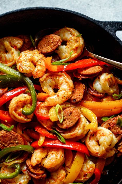 Shrimp And Sausage Skillet, Sausage And Shrimp Recipes, Shrimp Peppers, Cajun Shrimp Recipe, Sausage Skillet, Cajun Shrimp Recipes, Electric Skillet Recipes, Shrimp And Sausage, Cajun Sausage