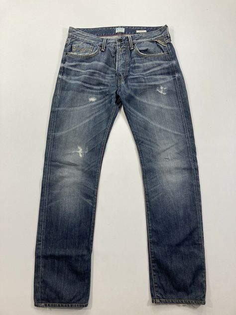 Men’s Replay Jeans • W32 L34 • 100% cotton • Hem width 7.5” • Rise 11” • Great condition Luxury Selvedge Straight Fit Jeans, Blue Selvedge Relaxed Fit Jeans, Classic Slim Fit Jeans In Rigid Denim, Selvedge Straight Fit Rigid Denim Jeans, Slim Fit Selvedge Cotton Jeans, Replay Jeans, Slim Straight Jeans, Fashion Help, Straight Jeans