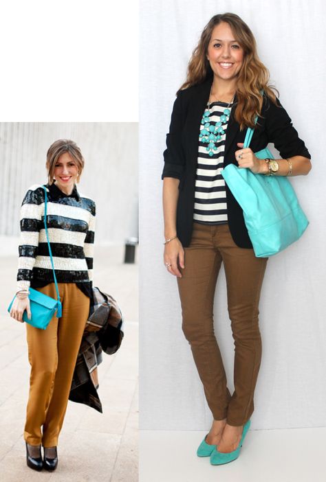 Today's Everyday Fashion: Accent Color — J's Everyday Fashion Blue Striped Top Outfit, Styling Brown Pants, Striped Top Outfit, Turquoise Shoes, Outfit Informal, I Want Her, Blue Striped Top, Personal Style Inspiration, Fall Inspiration