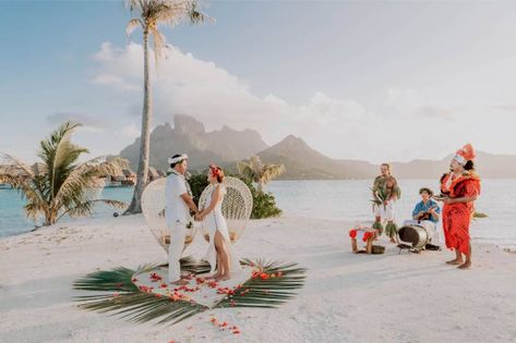 Bora Bora Destination Elopement | Tahiti Destination Wedding Tahiti Wedding, Polynesian Wedding, Bora Bora Wedding, Four Seasons Bora Bora, Polynesian Dance, Bora Bora Resorts, Epic Pictures, Exotic Wedding, Elopement Ceremony