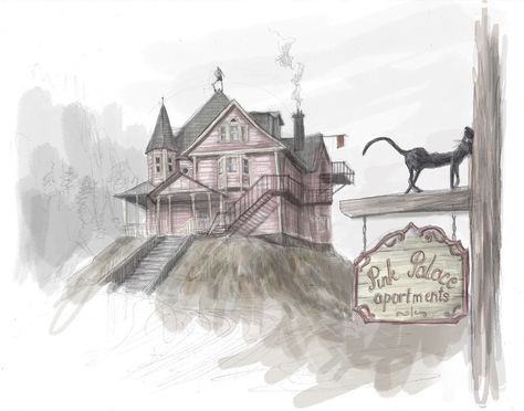 Pink Palace Coraline Drawing, Pink House Coraline, Coraline House Drawing, Pink Palace Drawing, Coraline House Tattoo, Pink Palace Tattoo, Morute Art, Tattoo Line Work, Coraline Drawing