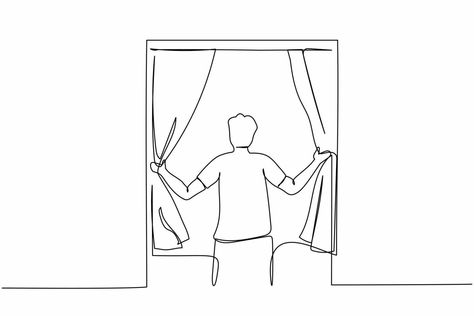 Window Line Drawing, Waking Up Drawing, Curtain Illustration, Curtain Drawing, Thick Curtains, Window Drawing, Continuous Line Drawing, Man Standing, Continuous Line