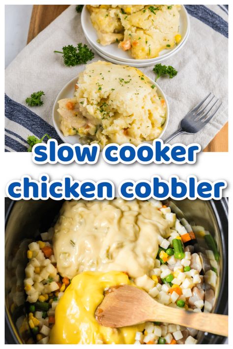 Slow Cooker Chicken Cobbler, Crockpot Chicken Cobbler, Biscuit Cobbler, Chicken Cobbler Recipe, Chicken Cobbler, Veggies And Chicken, Slow Cooker Chicken Pot Pie, Crockpot Chicken Pot Pie, Alfredo Bake