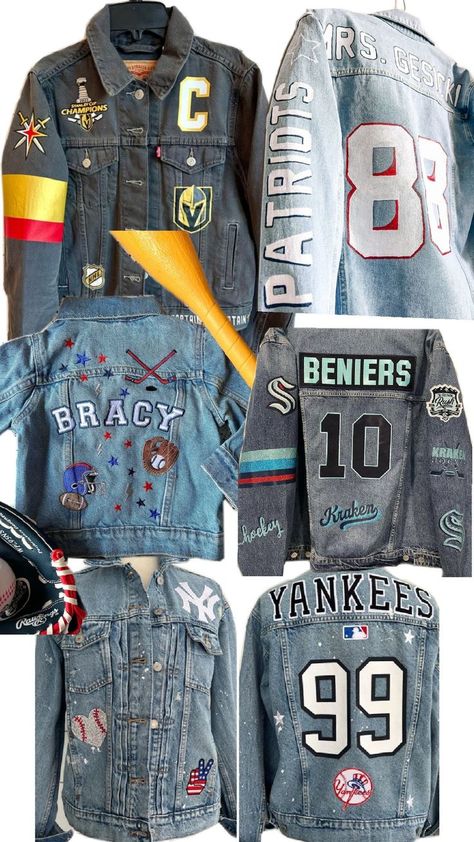 Hockey Mom Jean Jacket, Hockey Jean Jacket, Tailgate Outfits, Patch Denim Jacket, Redo Clothes, Custom Jean, Diy Mom, Custom Jean Jacket, Diy Outfits