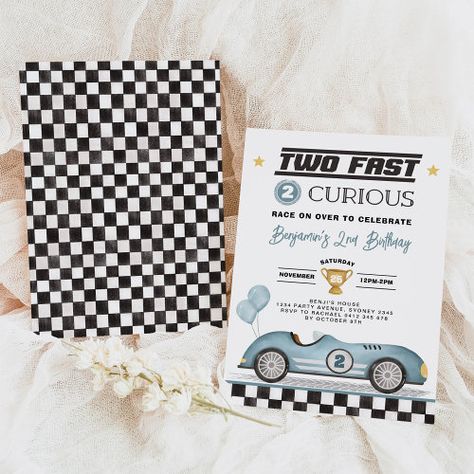 Two Fast 2 Curious Blue Vintage Car Boy Birthday for $3.08 - Birthday Invitations Two Fast 2 Curious, Two Fast Two Curious, Growing Up Two Fast, 2nd Birthday Boy, Race Party, 2nd Birthday Invitations, Boy Birthday Invitations, Birthday Supplies, Birthday Template