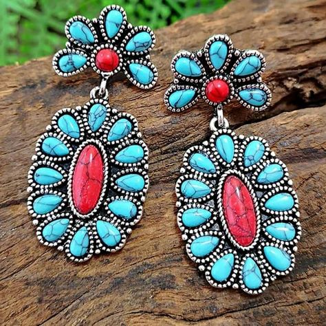 Silver Blue And Red Earrings Geometric Stone, Turquoise Squash Blossom, Turquoise Earrings Dangle, Vintage Style Earrings, Alloy Earrings, Trendy Earrings, Bohemian Earrings, Vintage Turquoise, Blue Earrings