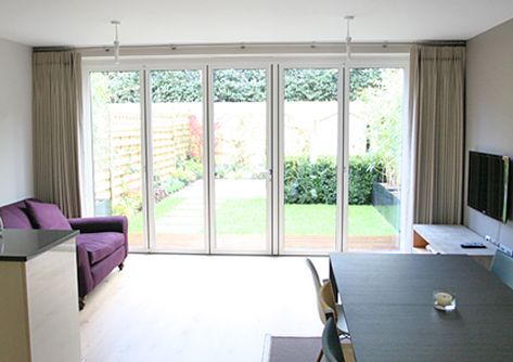 How to make bifold door curtains work seemlessly on a curtain pole spanning a 5 metre wide set of bifold doors. Bifold Door Curtains Ideas, Curtains Bifold Doors, Bifold Door Curtains, Bifold Curtains, Bifold Blinds, Curtains For Bifold Doors, Blinds For Bifold Doors, Lounge Diner, Sliding Door Curtains