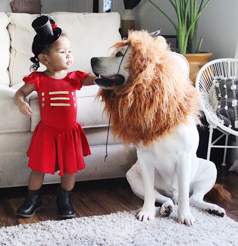 LION TAMER COSTUME | HALLOWEEN - HOME OF THE HARVEY'S Diy Lion Tamer Costume, Boba Tea Costume, Toddler Dog Costume, Tea Costume, Baby Dog Costume, Dog Lion Costume, Lion Tamer Costume, Twin Costumes, Lion Tamer