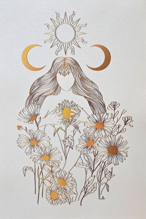 Sunflower Witch, Goddess Drawing, Flower Woman, Meditation Prayer, Witchy Wallpaper, Pose Fotografi, Moon And Sun, Etsy Prints, Under The Moon