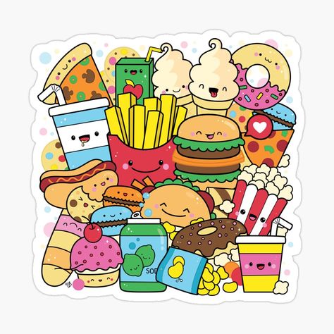 Get my art printed on awesome products. Support me at Redbubble #RBandME: https://www.redbubble.com/i/sticker/Happy-Junk-Food-Burger-Fries-Food-Doodle-Kawaii-Art-by-Tatyana-Deniz-by-tatyanadeniz/55968078.EJUG5?asc=u Fast Food Doodle Art, Very Easy Doodle Art, Cute Doodle Art Food, Doodle Art Of Food, Doodle Art Of Flowers, Doodle Art Food Ideas, Sketch Book Food, Burger Doodle Art, Doodle Food Art Drawings