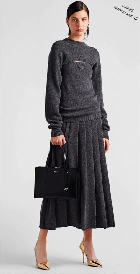 Prada Luxury Cashmere Knitwear Outfit. Autumn-Winter 22/23 Lookbook #cashmere#knitwear#prada#blouse#top#skirt#bag#fashion#shoes#grey#winter#christmas#mode#trends#luxury#inspiration Luxury Chic Gray Sweater, Chic Gray Winter Skirt, Prada Outfits Women, Prada Knitwear, Luxury Elegant Knit Skirt, Luxury Gray Fine Knit Sweater, Prada Outfits, Chic Luxury Knit Skirt, Knitwear Outfit