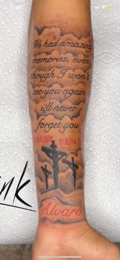 Forearm Tattoo Men Sleeve Memorial, Male Memorial Tattoos, Even Though I Walk Through The Valley Tattoo Men, Arm Tattoo Men Bible Verse, Faith Family Freedom Tattoo, Grandad Tattoo For Men, Brother Tribute Tattoos, Forearm Memorial Tattoos For Men, Brother Passing Tattoos