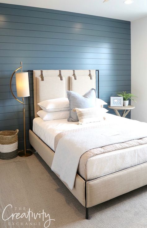 Painted shiplap accent wall color is Sherwin Williams Slate Tile Ceiling Accent, Shiplap Bedroom, Color Spotlight, Tile Bedroom, Painting Shiplap, Modern Sliding Barn Door, Blue Accent Walls, Accent Wall Colors, Shiplap Accent Wall