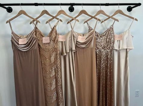 Gold Bridesmaid Dresses Winter, Bridesmaid Dresses Velvet, Revelry Bridesmaid Dresses, Champagne Gold Bridesmaid Dresses, Revelry Bridesmaid, Champagne Gold Dress, Gold Bridal Party, Gold Sequin Bridesmaid Dress, Christmas Bridesmaids