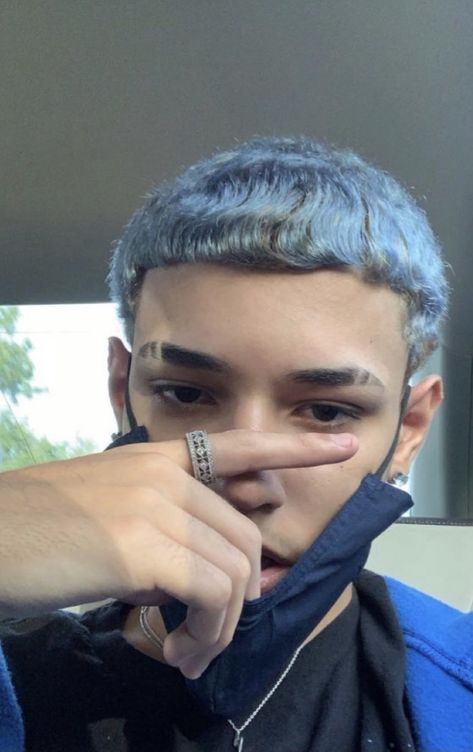 Blue Hair For Men, Blue Hair Guy Aesthetic, Male Dyed Hair, Blue Hair Men, Blue Hair Boy, Hair Color Ideas For Men, Boys Dyed Hair, Mens Blue Hair, Eyebrow Slits