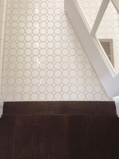 White Hexagon Bathroom, Hexagon Bathroom Tile, Bathroom Budget, White Grout, Hex Tile, Bathroom Tile Designs, Hexagon Tiles, Upstairs Bathrooms, Girls Bathroom