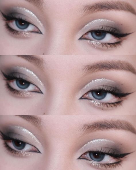 Silver black fox eye#eyemakeuplook #cutcreasemakeup | Instagram Fox Eyeliner, Asian Fox, Black And Silver Eye Makeup, Layout Makeup, Silver Eye Makeup, Silver Makeup, Fox Eyes, Wolf Face, Cut Crease Makeup