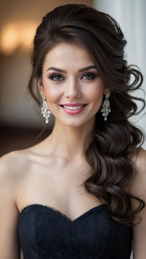 Hair Down Red Carpet, Evening Wear Hairstyles, Hairstyle Ideas For Formal Event, Casino Hairstyles Las Vegas, Formal Hair Down Medium, Gala Hairstyle Medium Length, One Sided Hairstyle, Hair Styles For One Shoulder Dresses, Hairstyles For Gala Event