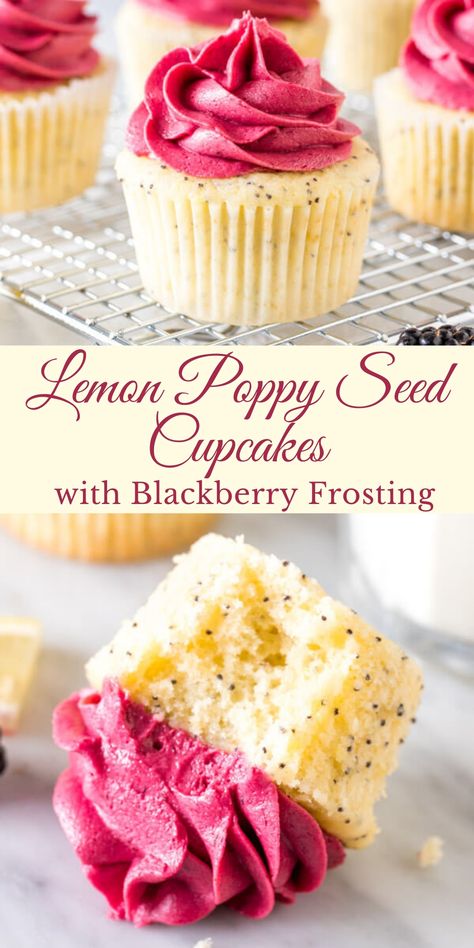 Blackberry Frosting, Poppy Seed Cupcakes, Lemon Poppy Seed Cupcakes, Blackberry Preserves, Spring Recipes Dessert, Spring Cupcakes, Spring Baking, Summer Baking, Lemon Poppy Seed