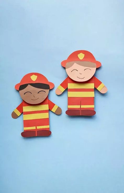 These paper bag firefighters are the perfect craft for a sunny afternoon with your kids. Being out of school allows for more time together. What better way to spend time together than doing a fun craft? Grab a paper bag, craft paper, glue, scissors, and a pencil and sharpie and you'll be ready to make these cute firefighter puppets. To make it sillier, add some googly eyes instead of using paper. You kids will love using these puppets in their pretend play after they are done. Fireman Crafts, Paper Bag Puppet Craft, Fairy Glow Jars, School Age Crafts, Recycled Crafts For Kids, Firefighter Crafts, Fire Crafts, Zoo Day, Bag Puppet