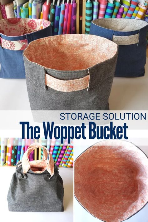 Bucket Sewing Pattern, Woppet Bucket Tutorial, Sewing Pattern Basket, Knitting Bags To Sew, Fabric Scrap Sewing Projects, Yarn Project Bag Sewing Pattern, Free Bucket Bag Sewing Pattern, Sewing Project Bags, Basket Patterns Sewing