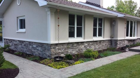 exterior stucco with stone ranch style | ontario exterior restoration stone and… Stucco And Stone Exterior, Exterior Stucco, Exterior House Colors Stucco, Stucco Homes, Home Exterior Makeover, Lake Front, Stucco Exterior, Exterior Paint Colors For House, Exterior Makeover