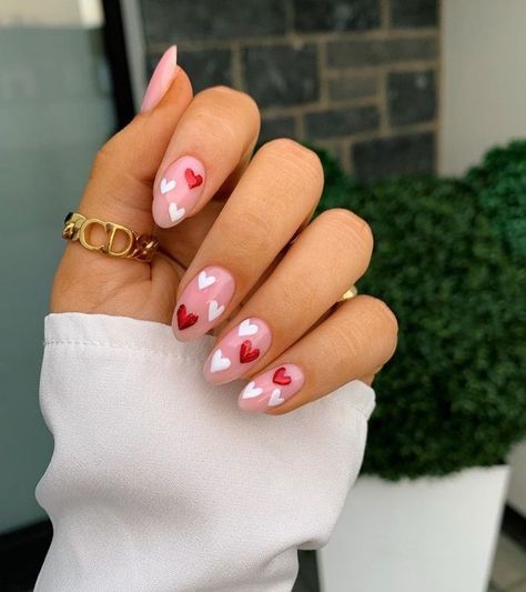 Heart And Rainbow Nails, Cute Simple Valentines Nails Almond, Bright Pink Valentine Nails, February Nails Ideas Valentines Day Almond, Nails For February 2023, Valentine Toe Nails, Valentines Toe Nails, 2023 Valentine Nails, Round Valentines Nails