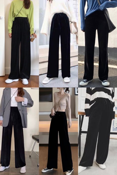 Plazzo Pants Outfits Aesthetic, Black Korean Pants Outfit, Korean Black Pants Outfit, Black Slacks Outfit Casual Street Styles, Black Plazo Outfit, Outfit Pantalon Ancho, Pantalon Ancho Outfits, Plazzo Pants Outfit, Black Flare Pants Outfit