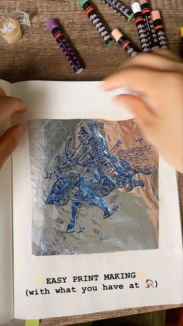 Drawing On Folder Ideas, Aluminum Foil Printmaking, Aluminum Foil Lithography, Oil Pastel Monoprint, Printmaking At Home, Foil Monoprints, Relief Printing Ideas, Tracing Paper Art, Printmaking Art Lesson