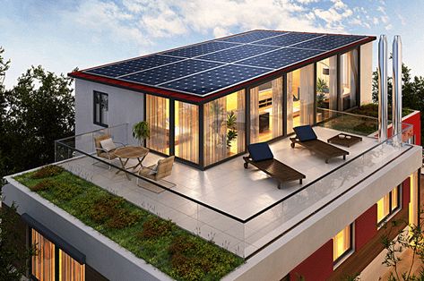 Solar Panels Architecture, Roof Terrace Design, Rooftop Patio Design, Solar Panels Roof, Rooftop Terrace Design, Rooftop Design, Solar Design, House Arch Design, Rooftop Patio