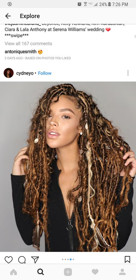 Goddess Locks Blonde Faux Locs Styles Goddess, Goddess Locs Blonde, Mermaid Locs Goddess, Brown Faux Locs, Colorful Box Braids, Goddess Locks, Messy Locs, Goddess Faux Locs, Faux Dreads