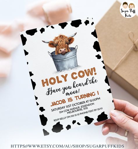 Printable Highland Cow in Bucket 1st Birthday Invite, Editable Holy Cow Invite, Boys Instant Download Highland Cow Invite, Black Cow Print Highland Cow Birthday Invitations, Cow First Birthday Boys, Cow Print 1st Birthday, Highland Cow Birthday Party, Cow 1st Birthday, Country Birthday Party, 1st Rodeo, Cow Birthday Parties, 1st Birthday Invite