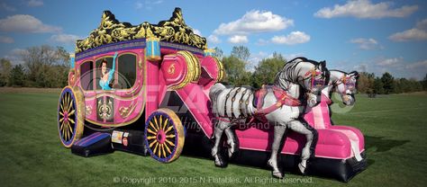 Princess Carriage Combo w/ Horses™ Are you ready for a princess party? We've taken our famous Princess Carriage Combo™ and added stunning digitally-printed horses, making this inflatable bounce house combo even more spectacular. This inflatable bounce house combo is perfect for backyard parties and indoor family entertainment centers. T Wouldn't this look fantastic on your business card? If you like this unit, be sure to check out our even more spectacular Princess Carriage with Horses! Princess Bounce House, Famous Princesses, Royal Carriage, Snow White Prince, September Baby, Party Inflatables, Bounce House Rentals, Disney Pumpkin, Princess Carriage