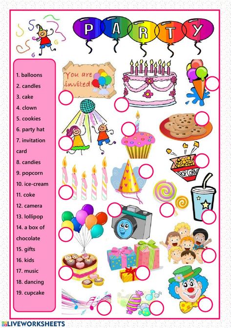 Birthday party online worksheet for 5th grede. You can do the exercises online or download the worksheet as pdf. Weather Vocabulary, Vocabulary Exercises, Esl Vocabulary, English Activities For Kids, Time Worksheets, Speaking Activities, English Worksheets For Kids, English Activities, Vocabulary Activities