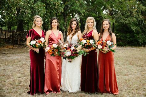 Bridesmaids in Bold Red Dresses at Texas Wedding Rustic Red Bridesmaid Dresses, Shades Of Red Bridesmaid Dresses, Mix Match Red Bridesmaid Dresses, Bridesmaid Dresses Red Shades, Mixed Red Bridesmaid Dresses, Bright Red Maid Of Honor Dress, Tan Bridesmaid Dresses, Protea Wedding, Wedding Roles