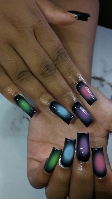 Dime⭐️👩🏽‍🎨 on Instagram: "Colorful aura using my airbrush machine.🍭🖤 #raleighnails #raleighnailtech #nails #nailtech #nailsofinstagram #explorepage #explore #explorepagenails #ncnails #ncnailtech #pressonnails #pressons #raleigh #longnails #shortnails #shorties #squarenails #nc #ncnailtech #auroranails #airbrushnails" Black And Multi Color Nails, Long Aura Nails, Air Brush Nail Design, Short Airbrush Nails, Airbrush Nails Designs, Airbrush Nail Designs, Air Brush Nails, Houston Trip, Colorful Aura