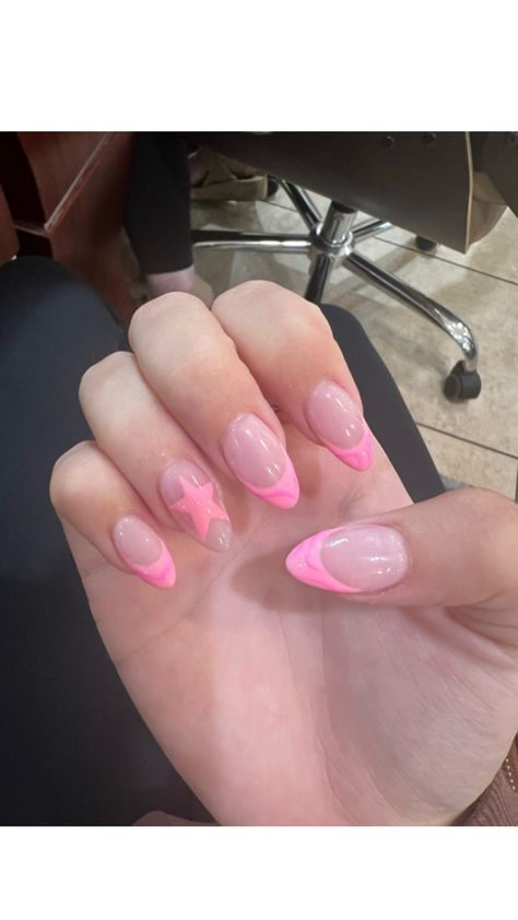 pink star! Hot Pink With Stars Nails, Pink Star French Tip Nails, Hot Pink Star Nails, Pink Star Nails, French Top, Pink Star, Pink Nail Designs, Star Nails, Pink Stars