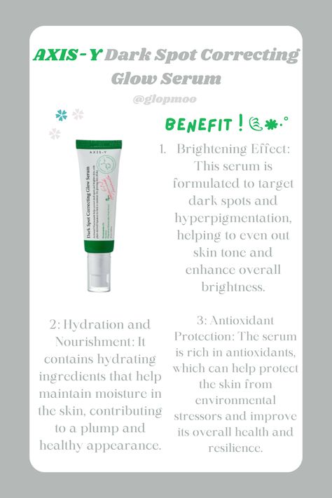 Link in pin - Use my code in Oliveyoung for less: GIGI1234 Achieve a more even, radiant complexion with AXIS-Y Dark Spot Correcting Glow Serum. Infused with niacinamide and plant extracts, this lightweight serum visibly fades dark spots and hyperpigmentation while hydrating the skin. Perfect for boosting your natural glow and promoting a clearer, smoother look with consistent use. #selfcareideas #selfcareideastips #selfcareideasbeauty #beautyproducts #beautyproductsaesthetic Axis Y Serum, Axis Y Dark Spot Serum, Dark Spot Correcting Glow Serum, Axis Y, Olive Young, Glow Serum, Fade Dark Spots, Even Out Skin Tone, Beauty Skin Care Routine