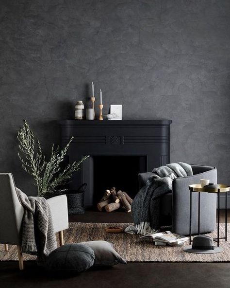 Dark Grey Feature Wall, Upcoming Interior Design Trends, Empty Fireplace Ideas, Grey Feature Wall, Blue Feature Wall, Textured Feature Wall, Black Feature Wall, Feature Wall Living Room, Feature Wall Bedroom