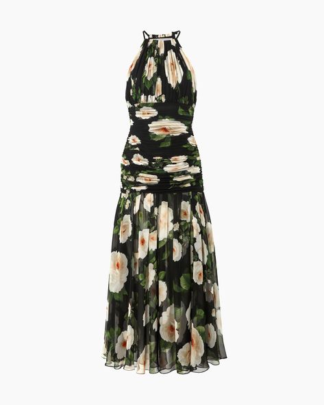 Rose-Print Chiffon Ruched Halterneck Dress - Ready-to-Wear | Carolina Herrera Whimsical Dress, Chiffon Midi Dress, Halter Midi Dress, Ruched Bodice, Silk Midi Dress, Cotton Midi Dress, Pinterest Closet, Halterneck Dress, Print Chiffon