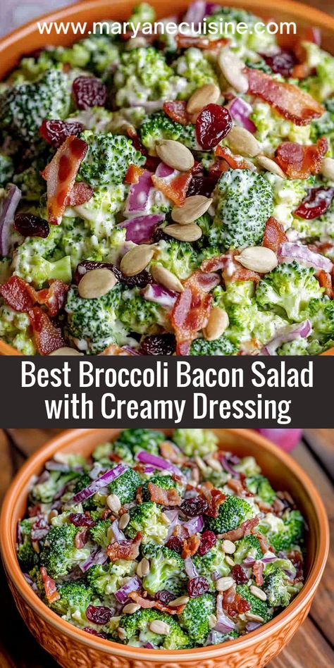 Get the best of crunch and flavor with broccoli, bacon, cheddar, and cranberries tossed in a tangy dressing. This salad is a crowd-pleaser! Broccoli Bacon Cranberry Salad, Egg And Bacon Salad, Sams Club Broccoli Salad Recipe, Broccoli Craisin Salad, Tossed Salad Recipes For A Crowd, Christmas Broccoli Salad, Dressing For Broccoli Salad, Bacon Broccoli Pasta Salad, Fresh Broccoli Recipes