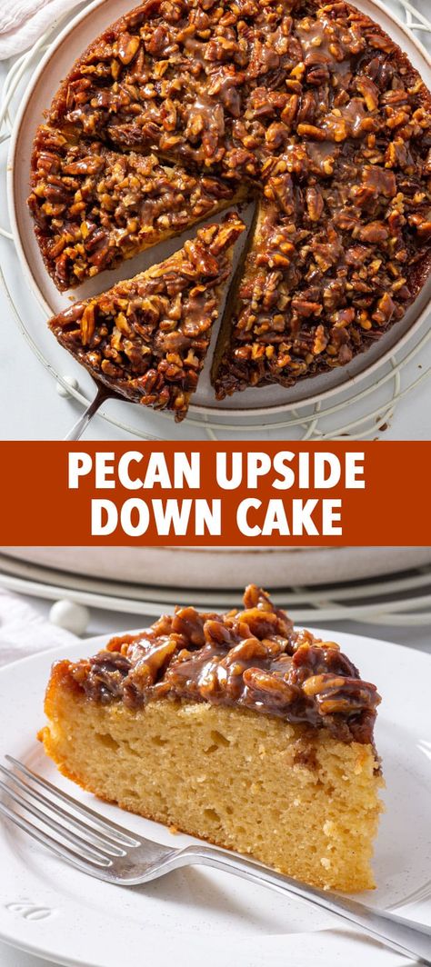 Fall Recipes Dessert Gluten Free, Best Gluten Free Thanksgiving Desserts, Cake Recipes Thanksgiving, Simple Gluten Free Desserts, Gluten Free Upside Down Cake, Upside Down Pecan Cake, Gluten Free Thanksgiving Desserts, Gluten Free Cake Recipes, Caramel Pecan Topping